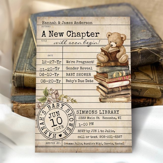 New Chapter Vintage Books Library Card Baby Shower (New Chapter Vintage teddy bear library card books theme floral gender neutral baby shower invitation)