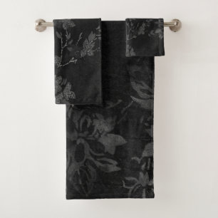 NEW CUSTOM BLACK SILVER FLORAL BATHROOM TOWEL SET