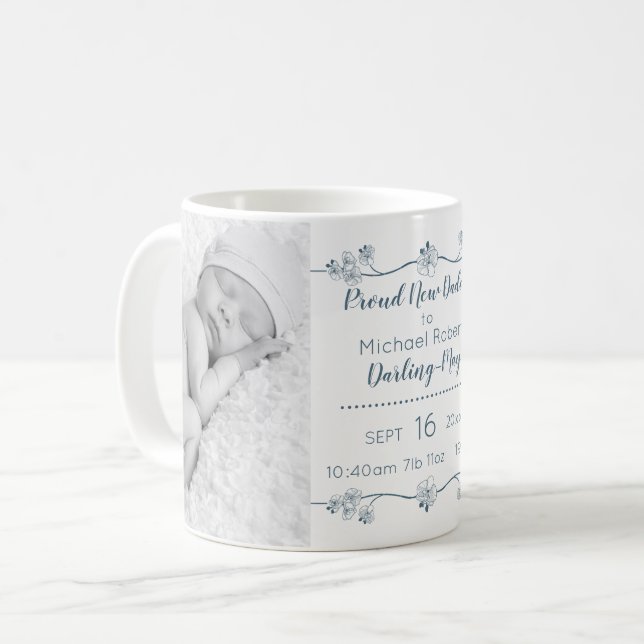 New Dad Baby Photos & Birth Stats - Blue & White Coffee Mug (Front Left)