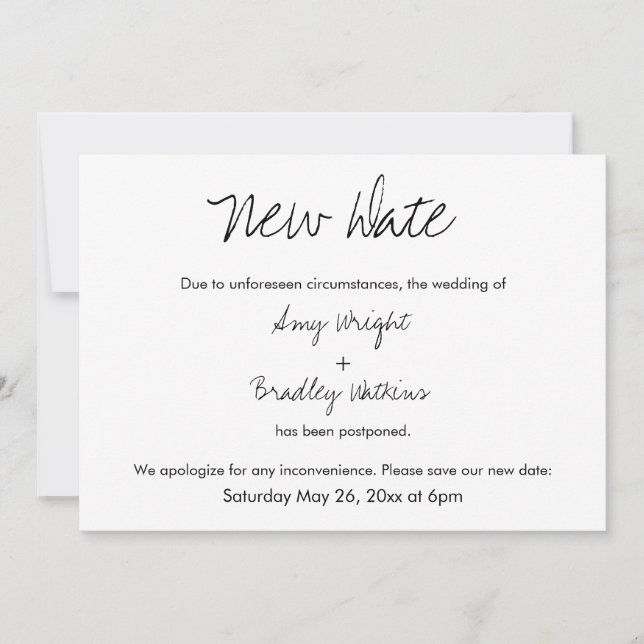 "New Date" Casual Postponed Wedding Announcement (Front)