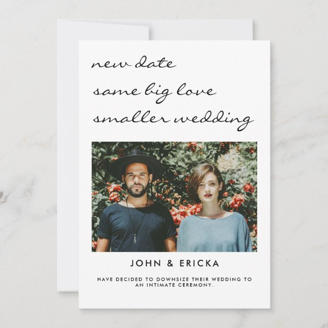 New Date Same Love Smaller Wedding Downsized Photo Announcement (Front)