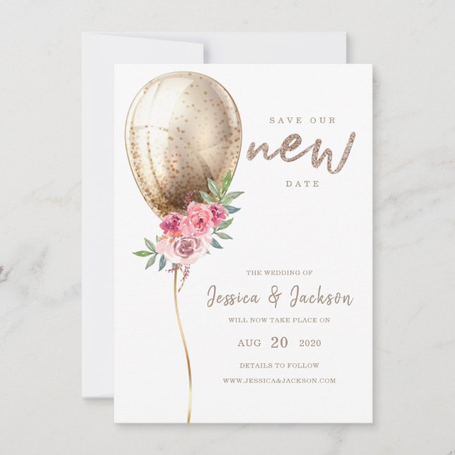 New Date Wedding Postponement Beige Balloon Save The Date (Front)