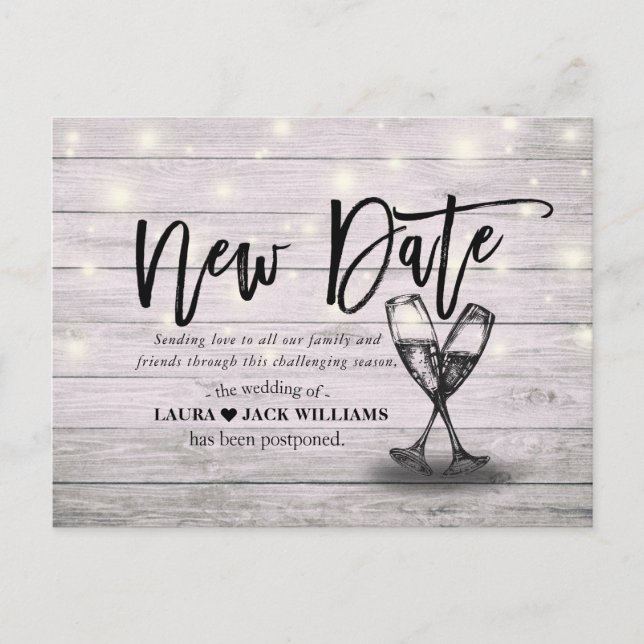 New Date Wedding Postponement Champagne Glasses Announcement Postcard (Front)