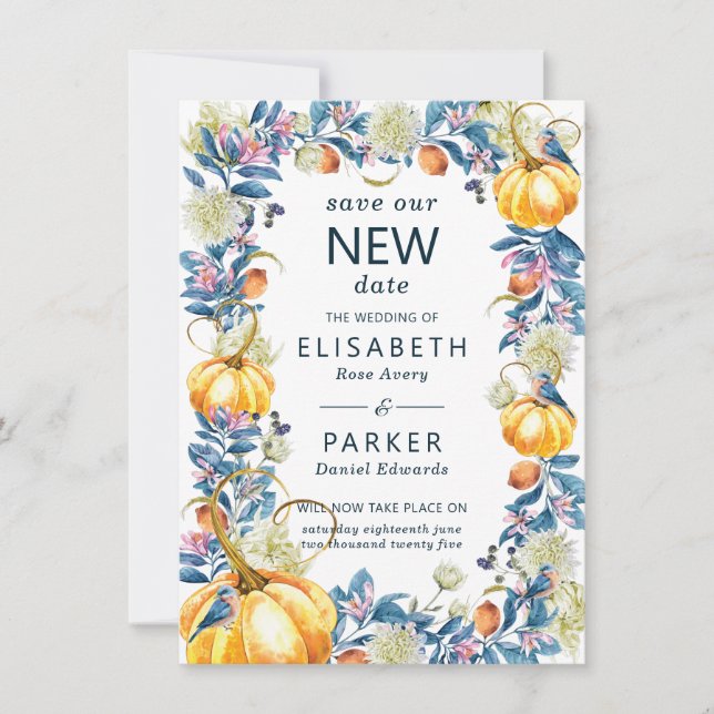 New Date Wedding Postponement Fall Pumpkin Save The Date (Front)
