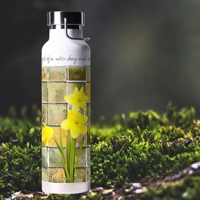 New Day Yellow Daffodils Flowers Quote Water Bottle (Creator Uploaded)