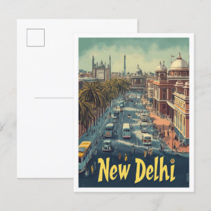 New Delhi India Art Vintage Travel Illustration Postcard