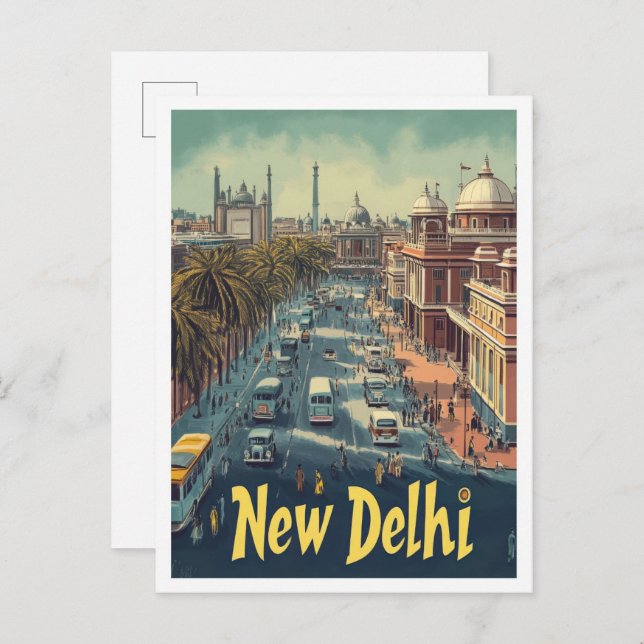 New Delhi India Art Vintage Travel Illustration Postcard (Front/Back)