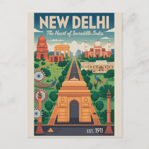 New Delhi India Retro Travel Poster Art Holiday Postcard