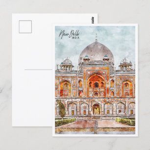 New Delhi India Travel Place Watercolor Postcard