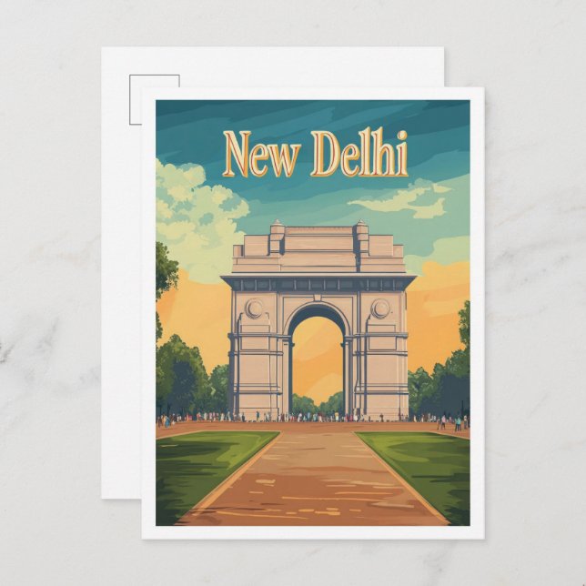New Delhi India Vintage Travel Illustration Postcard (Front/Back)