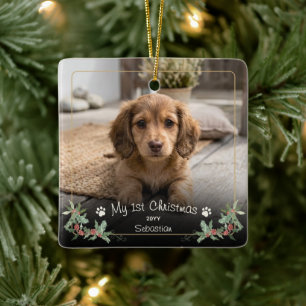 New Dog First Christmas Photo Name Year Holly Ceramic Ornament