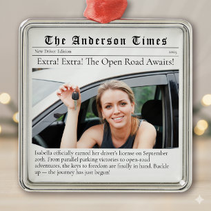 New Driver First Christmas Personalised Newspaper Metal Ornament