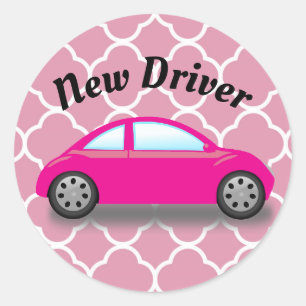 New Driver Pink Car on Pink Quatrefoil Sticker
