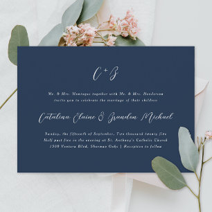 New Elegance Calligraphy Monogram Names Navy Blue Invitation