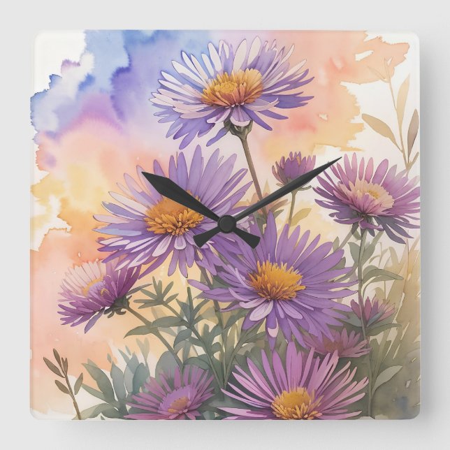 New England Aster Square Wall Clock (Front)