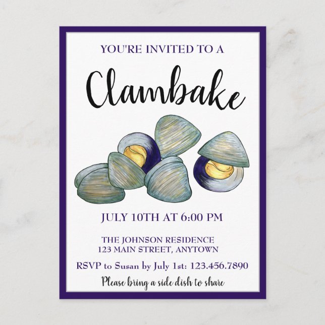 New England Clambake Clam Bake Beach Block Party Invitation Postcard (Front)