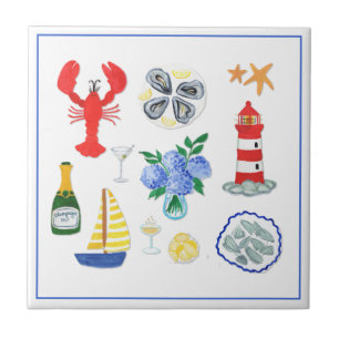 New England Seafood Themed Hand Painted Ceramic Tile