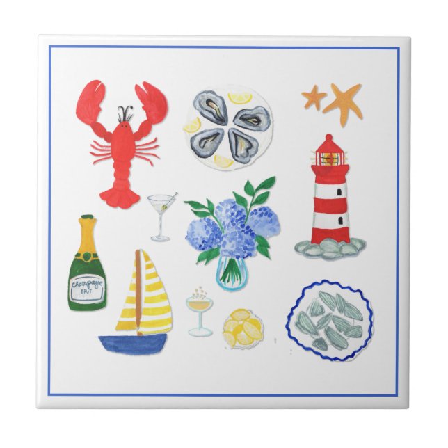 New England Seafood Themed Hand Painted Ceramic Tile (Front)