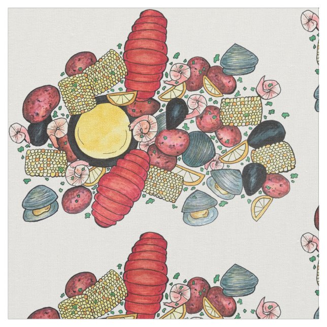 New England Summer Clambake Seafood Dinner Food Fabric (Close Up)