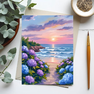New England Summer   Hydrangea Beach Painting Postcard