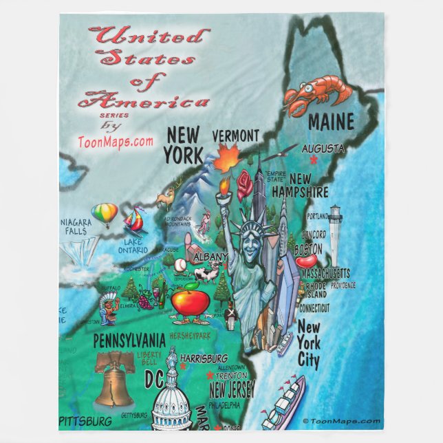 New England USA Fun Map Fleece Blanket (Front)