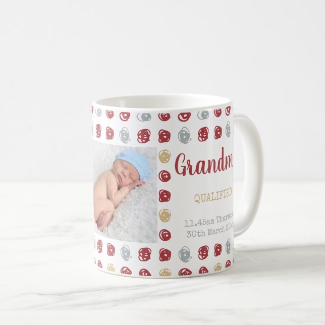New Grandma - 2 Photos and Custom Baby Birth Stats Coffee Mug (Front Right)