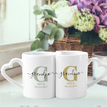 New Grandma and Grandpa Monogram Green and Ochre Coffee Mug Set<br><div class="desc">Family monogram mug set for new grandma and grandpa (or established grandparents) which you can personalise with the date they became first time grandparents. This design has elegant handwritten script, modern typography and a subtle colour palette of silver green, ochre yellow, black and white. One mug has a monogram initial...</div>