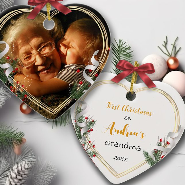 New Grandma Baby Holly  Pine Gold Frame Photo  Ceramic Ornament (Creator Uploaded)