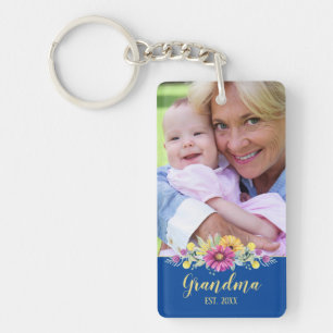 New Grandma Elegant Flowers Blue   Photo Key Ring