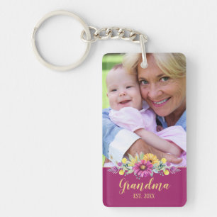 New Grandma Elegant Flowers Burgundy Photo Key Ring