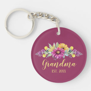 New Grandma Elegant Flowers Burgundy Photo Key Ring