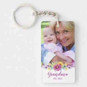 New Grandma Elegant Flowers Photo Key Ring