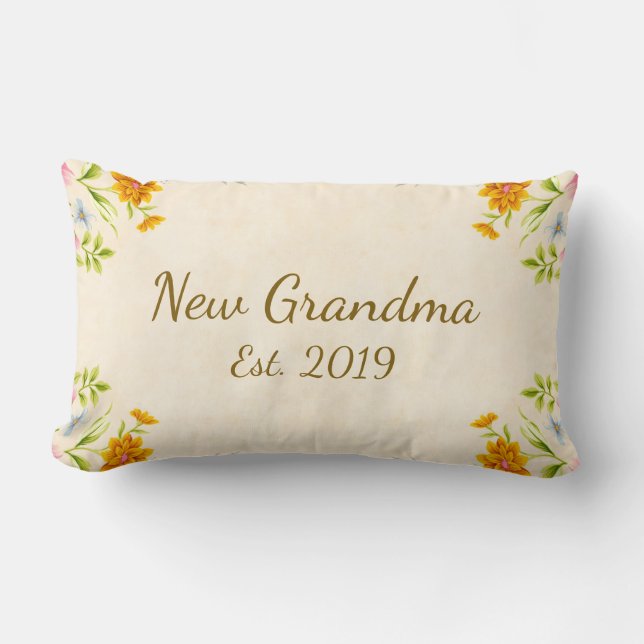 New Grandma Est. 2019 New Grandmother Floral Lumbar Cushion (Front)