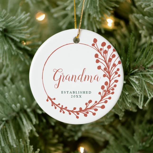 New Grandma Established Personalised Fern Wreath Ceramic Ornament (Tree)