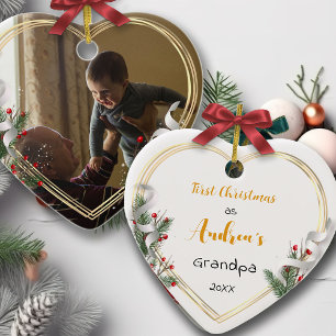 New Grandpa & Baby Holly Pine Gold Frame Photo Ceramic Ornament