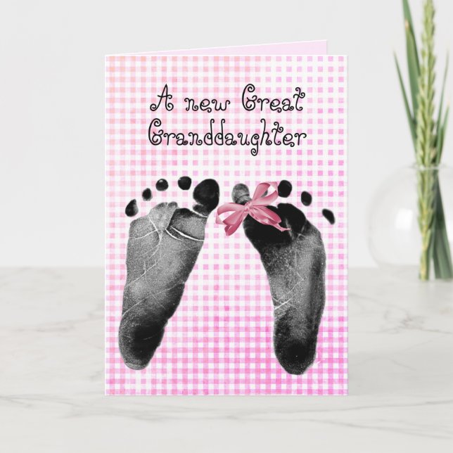 New Great Granddaughter Footprints On Pink Gingham Card (Front)