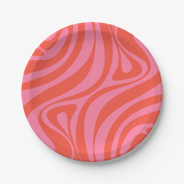 New Groove Retro Abstract Pattern Hot Pink Paper Plate (Front)
