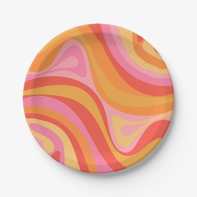 New Groove Retro Abstract Pattern Pink and Orange Paper Plate (Front)