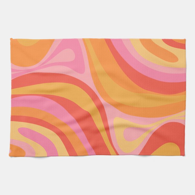 New Groove Retro Abstract Pattern Pink and Orange Tea Towel (Horizontal)