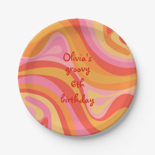New Groove Retro Abstract Pink Orange Personalised Paper Plate