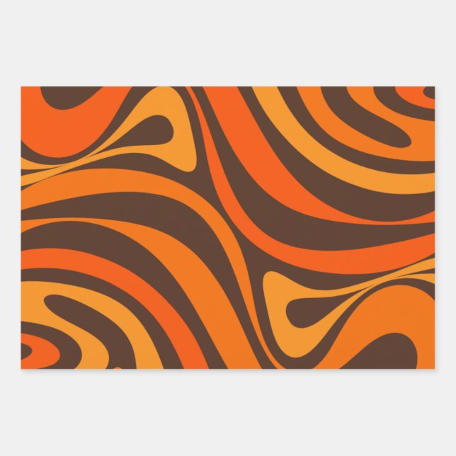 New Groove Retro Swirl Abstract 70s Orange Brown Wrapping Paper Sheet (Front)