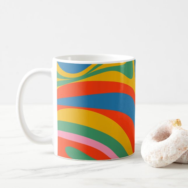 New Groove Retro Trippy Colourful Abstract Pattern Coffee Mug (With Donut)