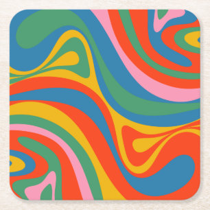 New Groove Retro Trippy Colourful Abstract Pattern Square Paper Coaster