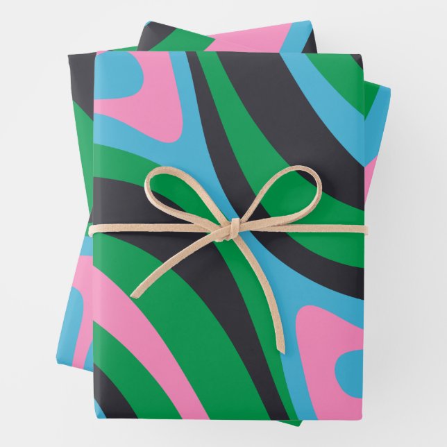 New Groove Trippy Retro Colourful Abstract Pattern Wrapping Paper Sheet (In situ)