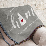 New Hampshire Home State Personalised Throw Blanket<br><div class="desc">Show some home state pride with this cute rustic grey throw blanket featuring "home" in white calligraphy script lettering with a silhouette map of the state of New Hampshire standing in for the letter "O." A red heart illustration inside the state map completes the design; you can change the position...</div>