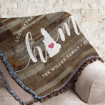 New Hampshire Home State Personalised Wood Look Throw Blanket<br><div class="desc">Show some home state pride with this cute rustic faux wood plank throw blanket featuring "home" in white calligraphy script lettering with a silhouette map of the state of New Hampshire standing in for the letter "O." A pink heart illustration inside the state map completes the design; you can change...</div>