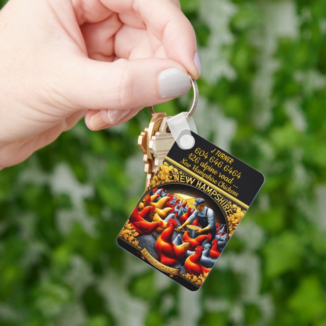 New Hampshire Red Chickens in a Coop Key Ring (Hand)