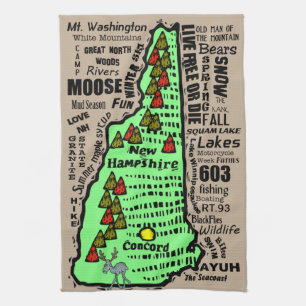 New Hampshire State Map Cartoon Tea Towel