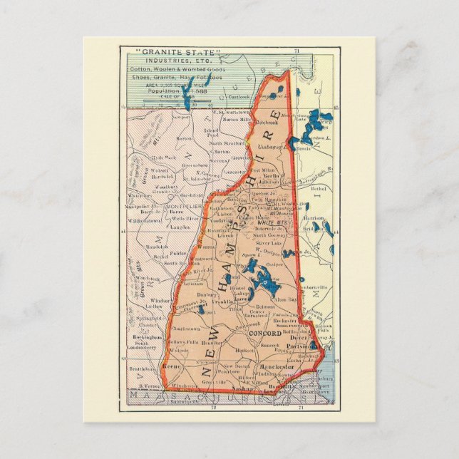  New Hampshire Vintage Map Postcard (Front)