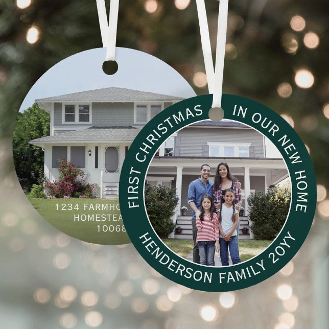 New Home Address 1st Christmas 2 Photo Green Metal Tree Decoration (Creator Uploaded)